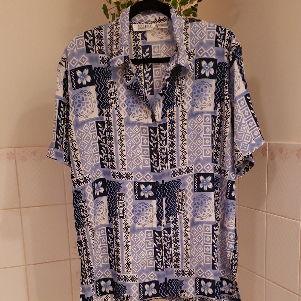 Sears Blue and White Casual Button Down Shirt with Geometric Design